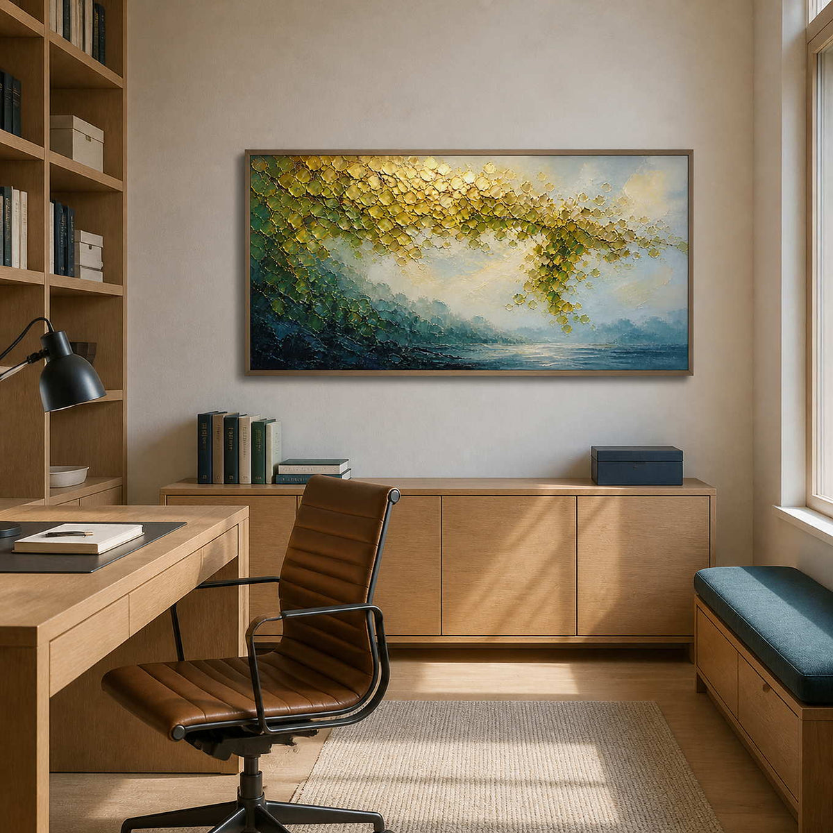 Atmospheric gold and teal landscape canvas in a warm oak office.