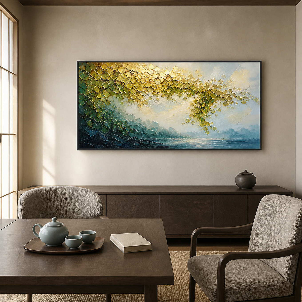 Golden canopy landscape wall art in a serene home tea room.