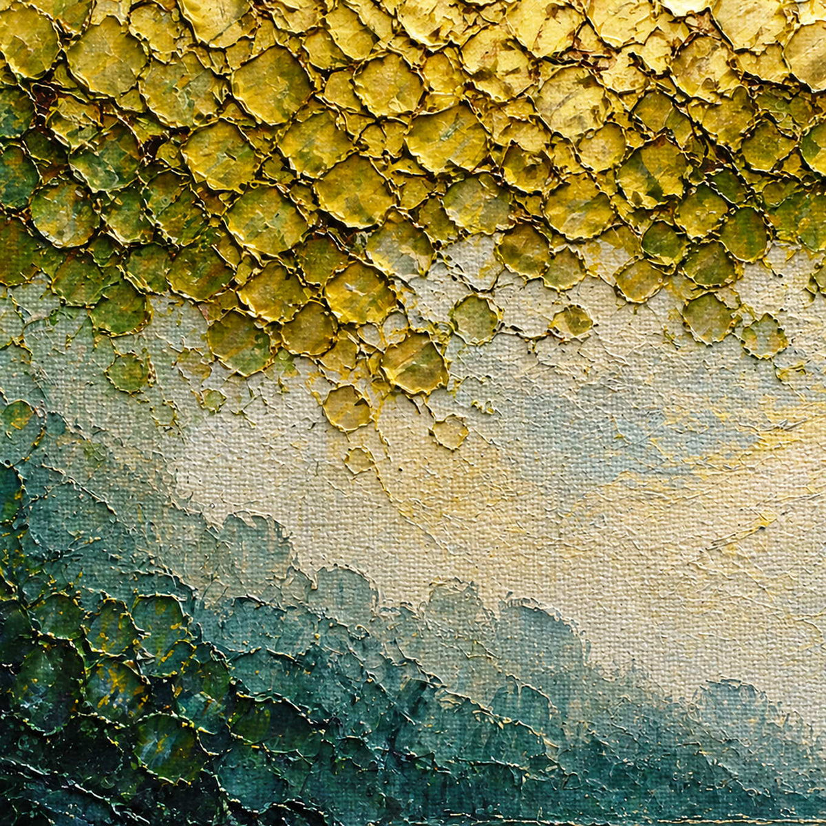 Close-up of raised golden foliage and layered teal palette-knife texture.
