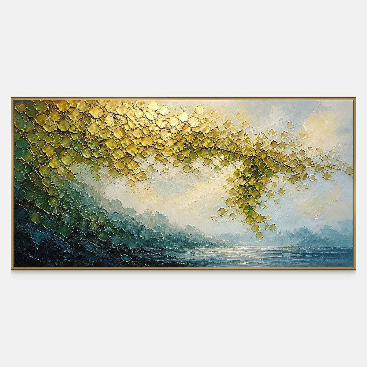 Textured landscape canvas with golden foliage above misty blue water.