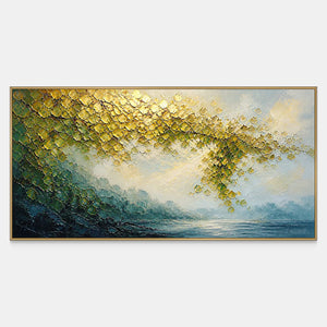 Textured landscape canvas with golden foliage above misty blue water.