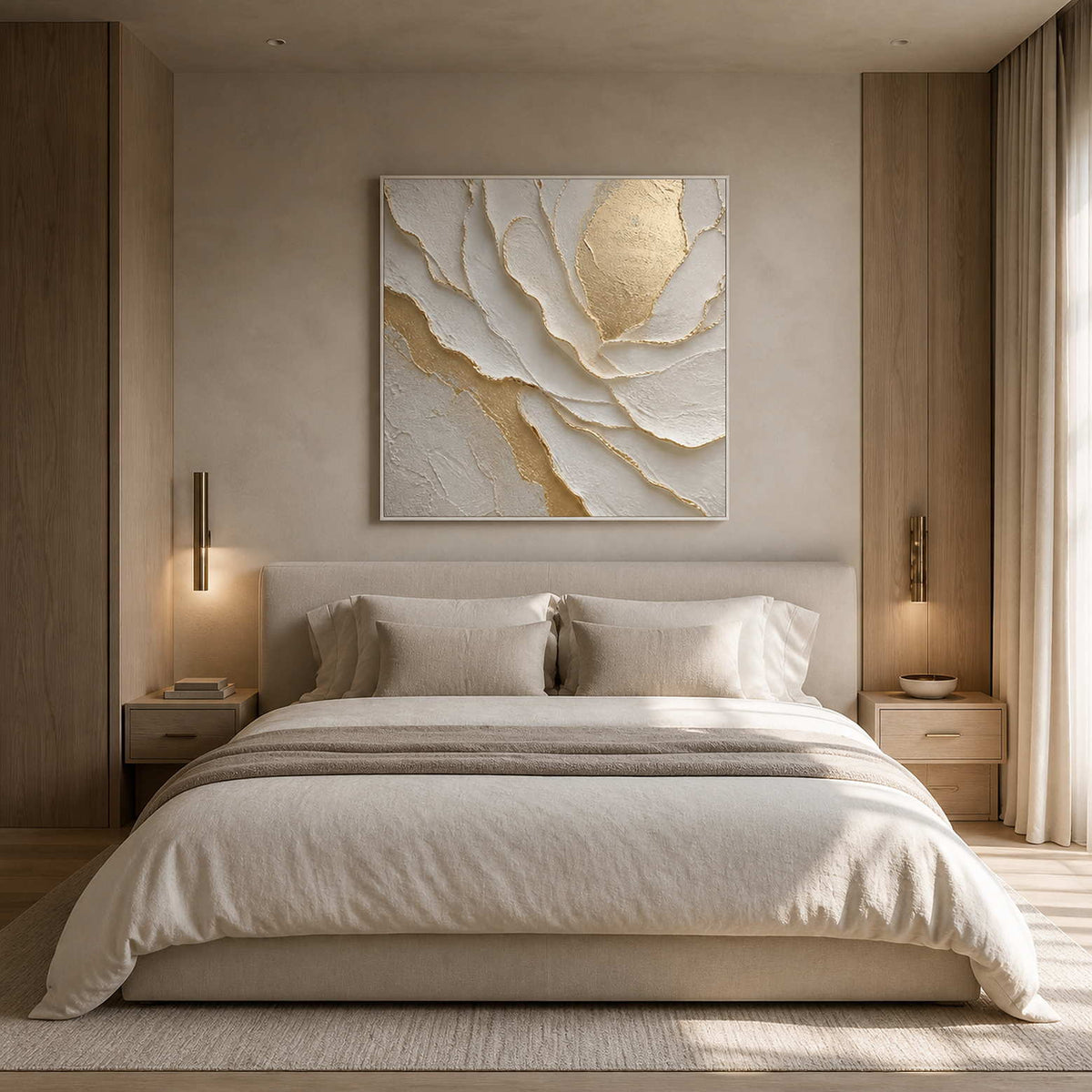 Ivory petal relief styled above a calm beige-gray bedroom.