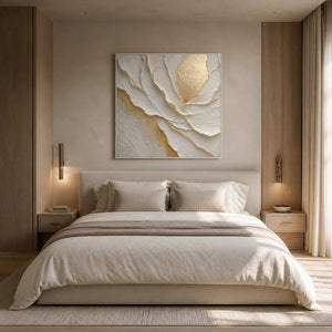 Ivory petal relief styled above a calm beige-gray bedroom.