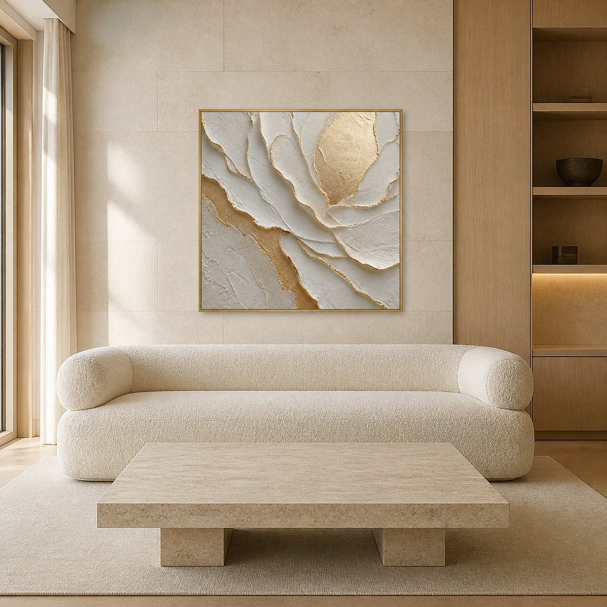 Ivory and gold floral wall art displayed in a cream stone living room.