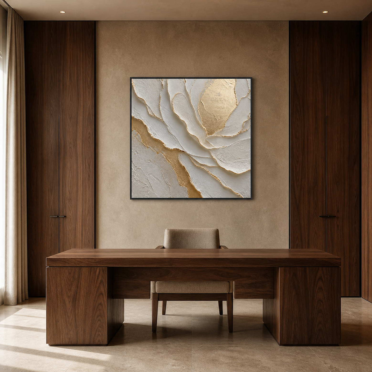 Sculptural floral wall art displayed in a deep walnut home office.