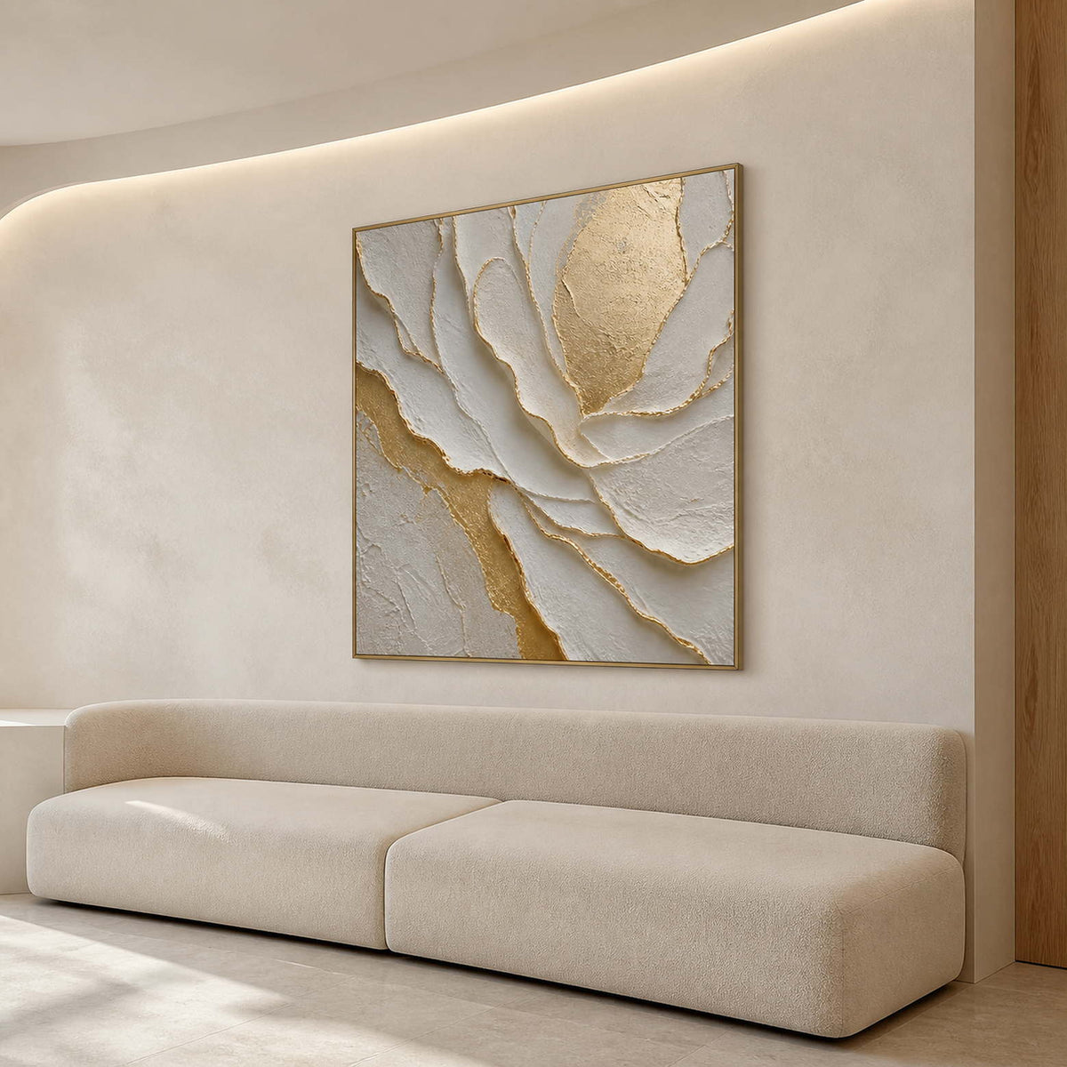 Textured flower relief viewed above an ivory residential sitting bench.