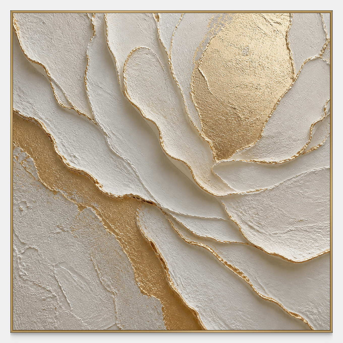 Hand-painted sculptural flower in layered ivory, white, and warm gold.