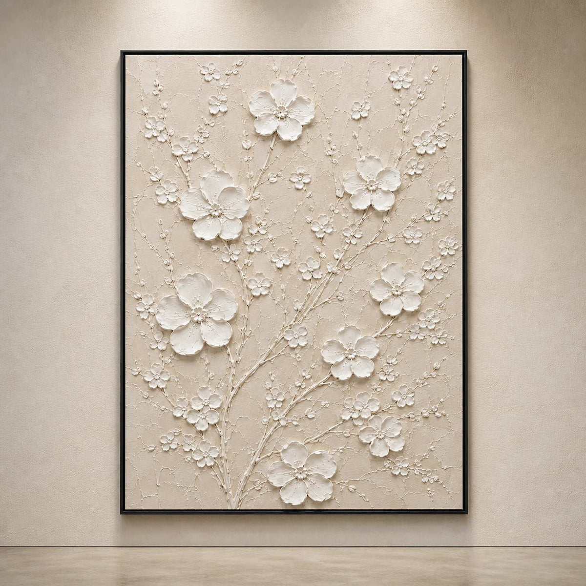 Sculptural white botanical artwork viewed in a contemporary gallery.