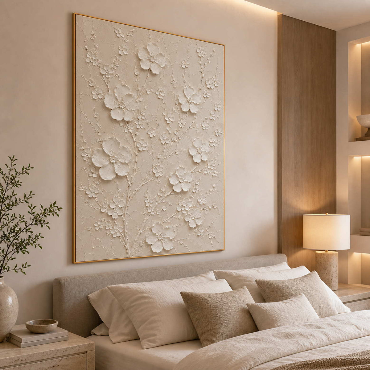 Serene textured floral wall art displayed in a luxury bedroom.