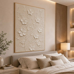 Serene textured floral wall art displayed in a luxury bedroom.