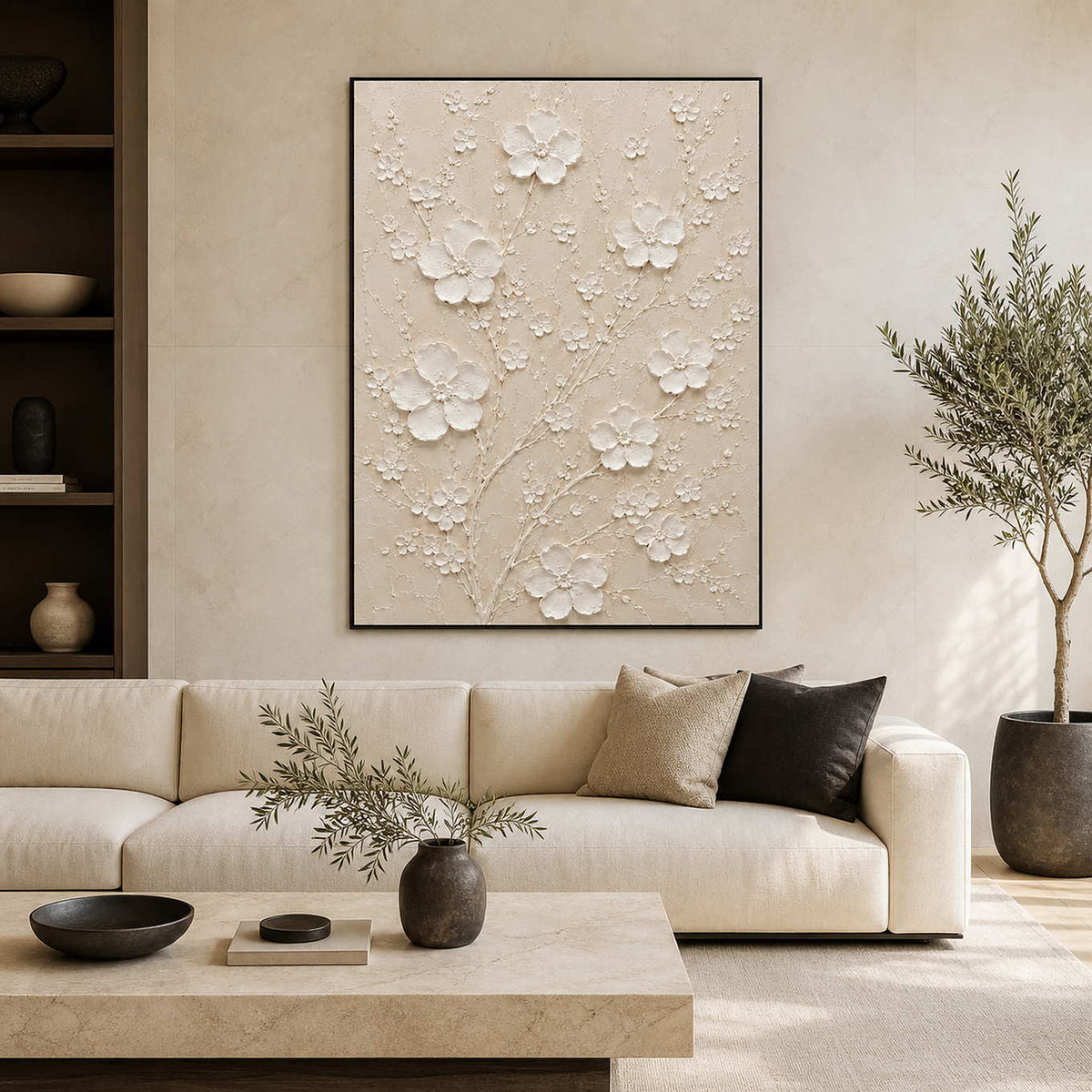 Textured white floral wall art displayed in a serene modern living room.