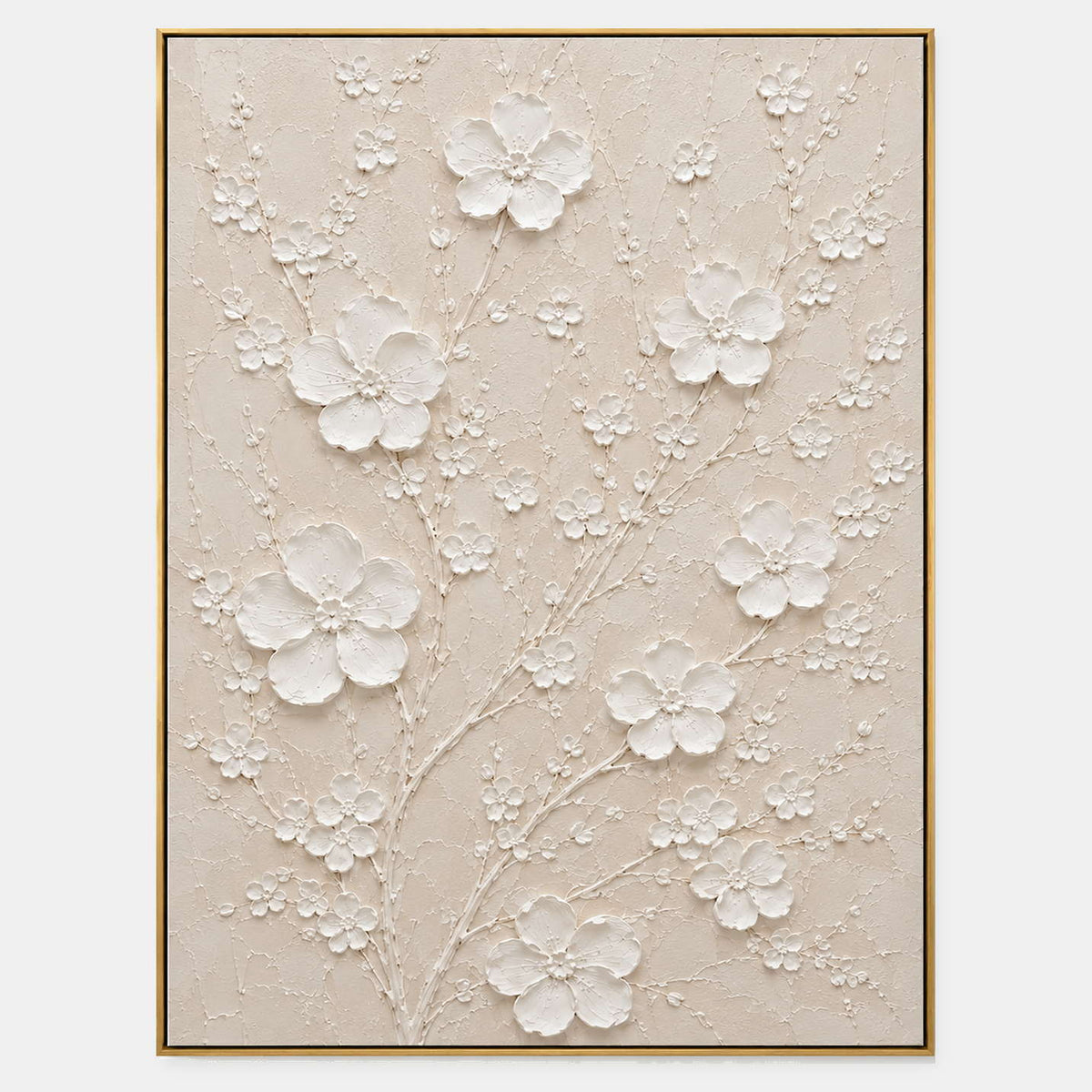 Sculptural ivory blossoms and delicate branches raised over a warm cream ground.