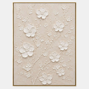 Sculptural ivory blossoms and delicate branches raised over a warm cream ground.
