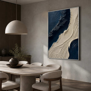 Sculptural abstract artwork displayed in a refined designer dining room.
