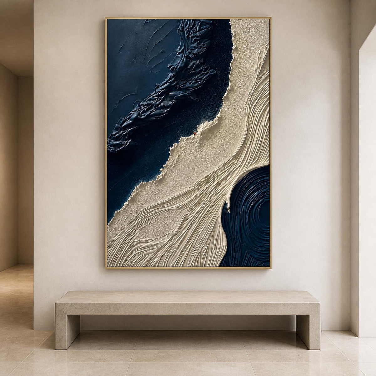Ivory and navy abstract wall art displayed at a contemporary gallery entrance.