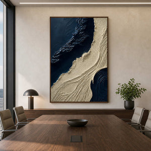 Modern navy abstract wall art displayed in a high-end meeting room.
