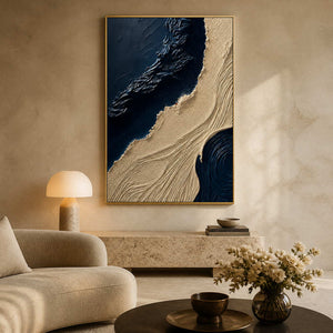Dramatic textured abstract wall art displayed in a luxury hotel lounge.