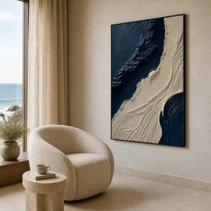Textured navy artwork shown from the side in an ocean-view reading area.