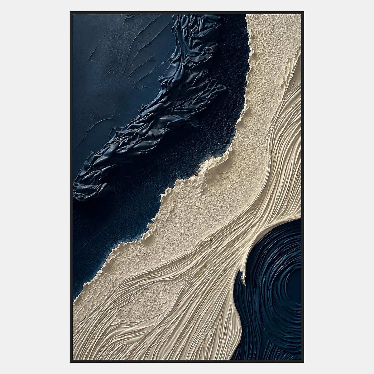 Sculpted ivory currents crossing midnight navy with a small rust-red accent.