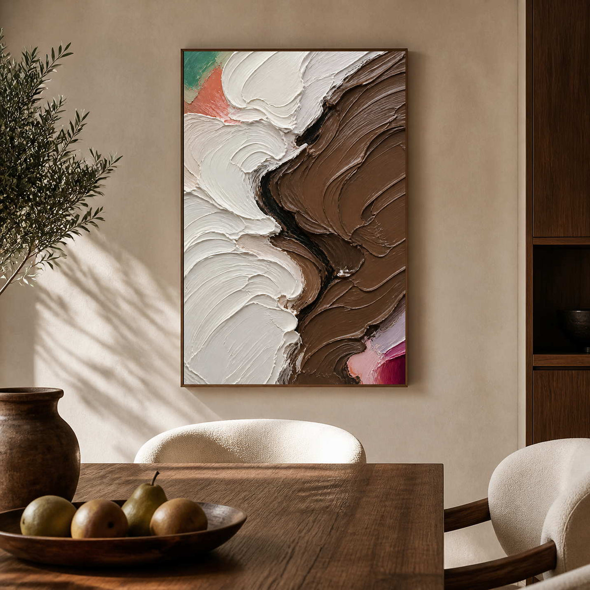Earth-tone textured abstract wall art above a refined wood dining table.