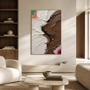 Ivory and umber textured abstract wall art in a warm modern living room.