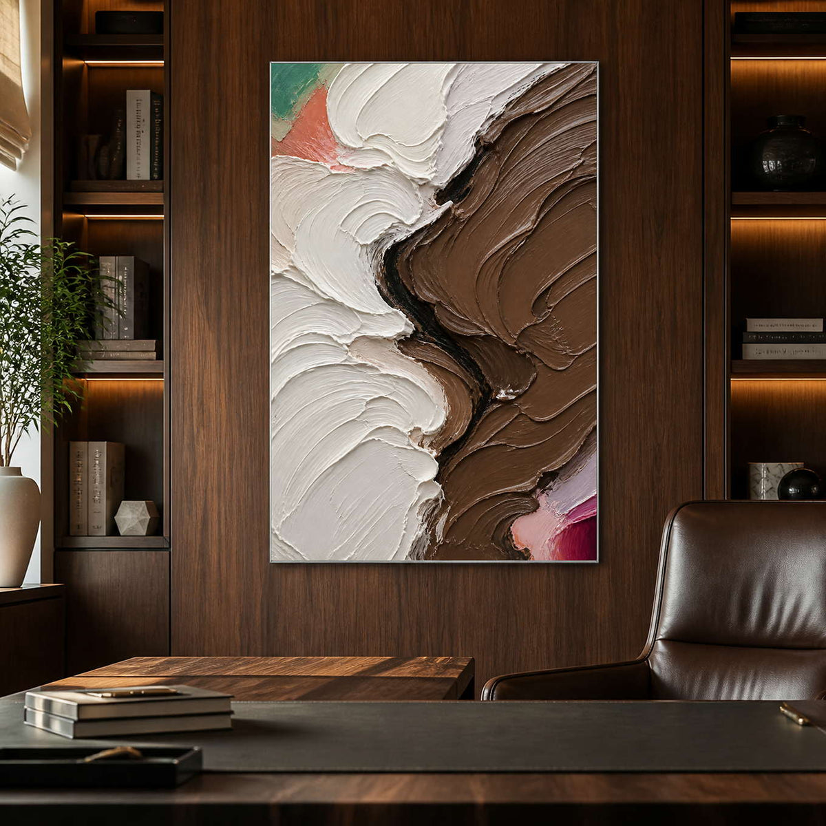 Textured earth-tone abstract painting in a dark wood home office.