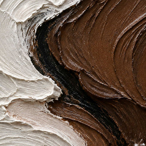 Close-up of thick ivory, umber, and black palette-knife texture.