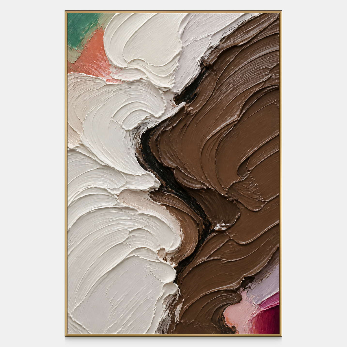 Hand-painted abstract canvas with sculptural ivory, umber, black, coral, green, and fuchsia forms.
