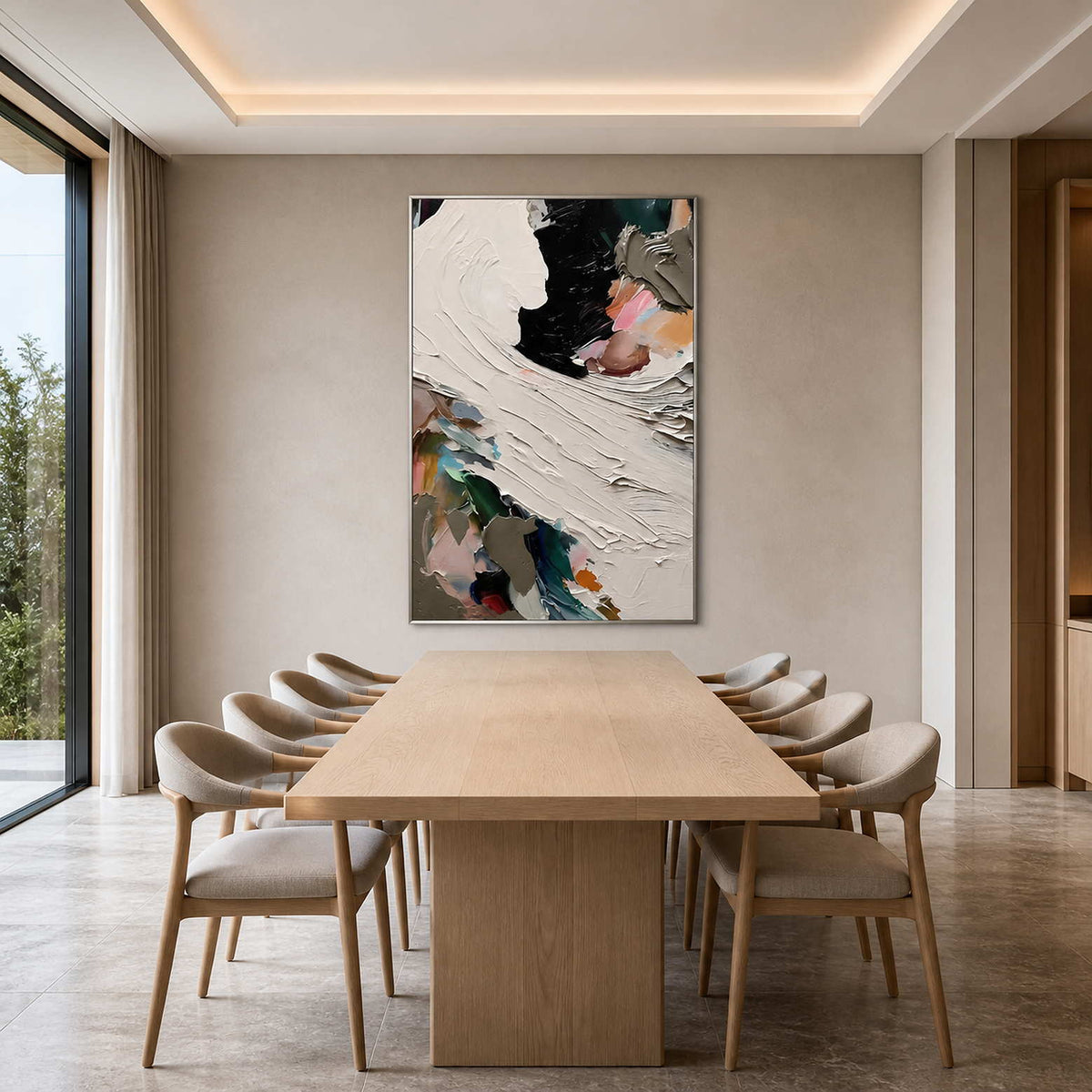 Textured abstract artwork displayed in a warm neutral contemporary dining room.