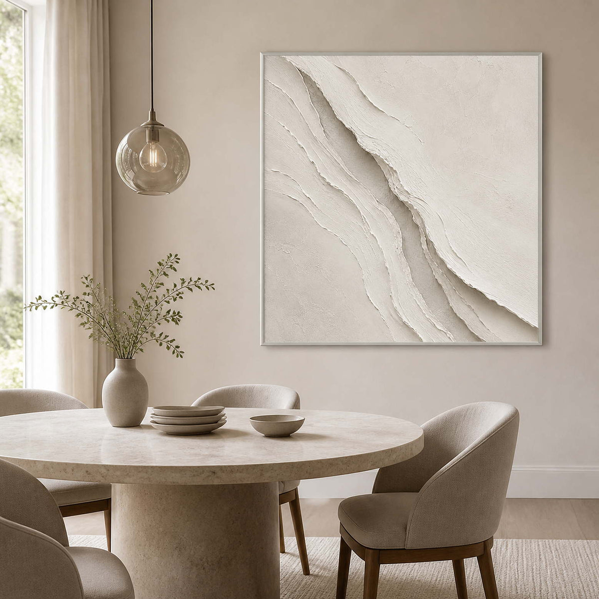 Vertical Wabi-Sabi wall art displayed in a light beige dining room.