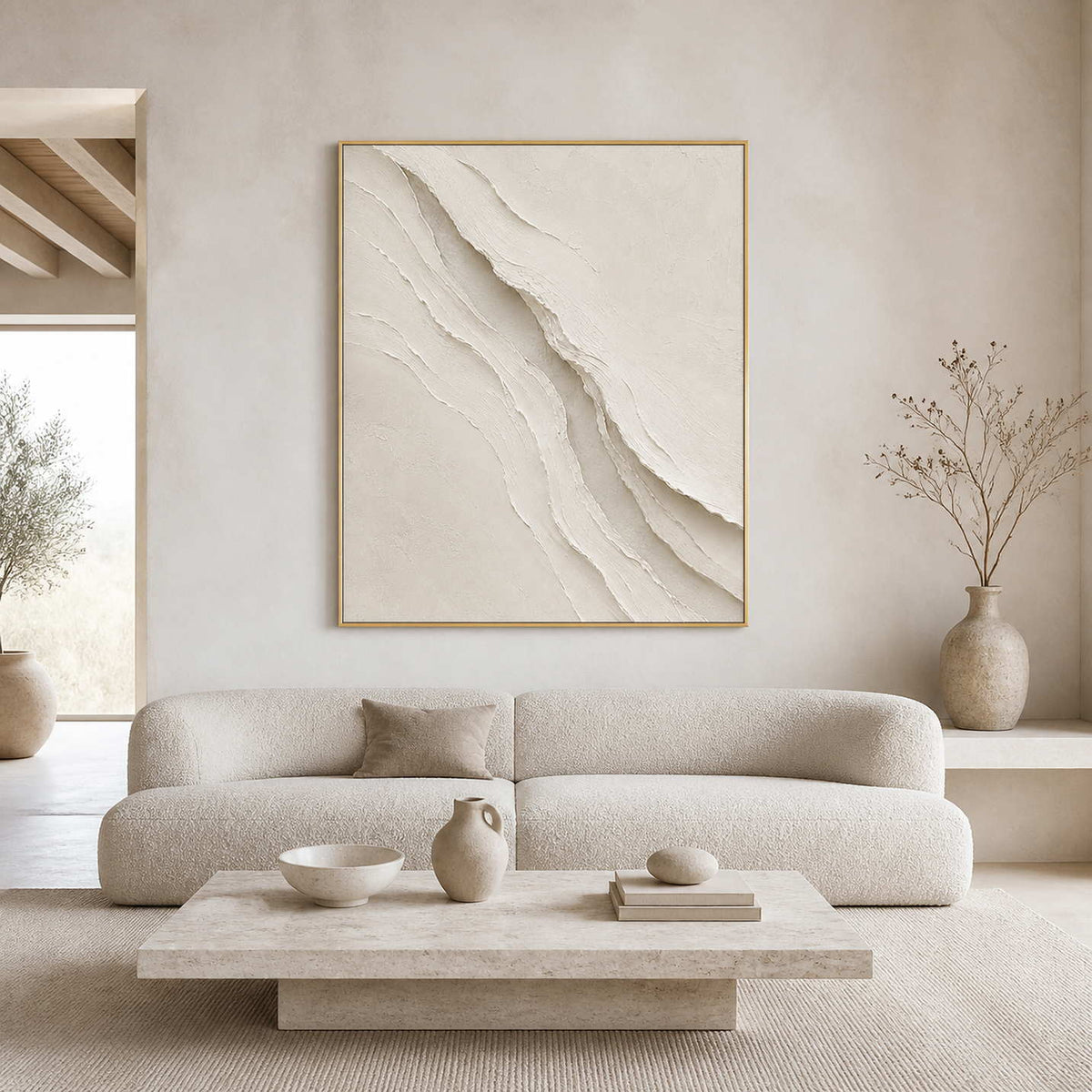 Ivory textured Wabi-Sabi wall art displayed in a cream living room.