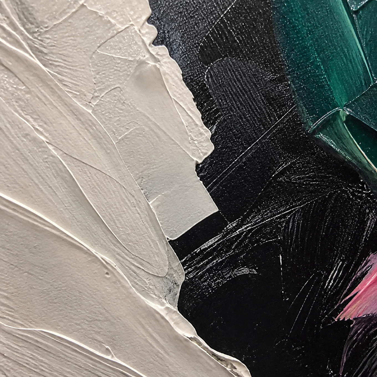 Close-up of layered ivory, black, green, and blush palette-knife texture.