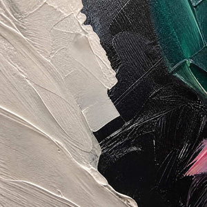 Close-up of layered ivory, black, green, and blush palette-knife texture.