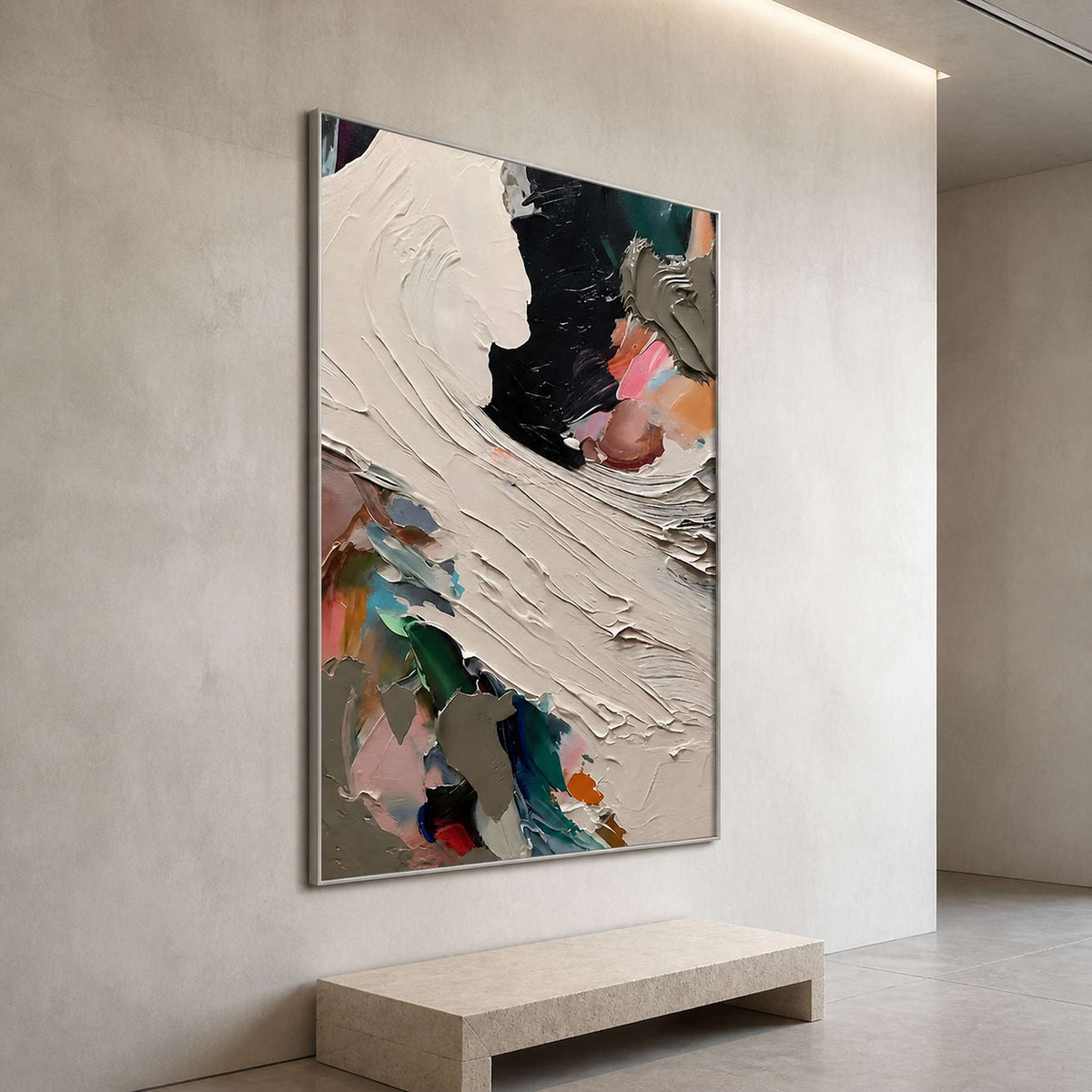 Impasto abstract painting viewed from the side in a minimalist gallery.