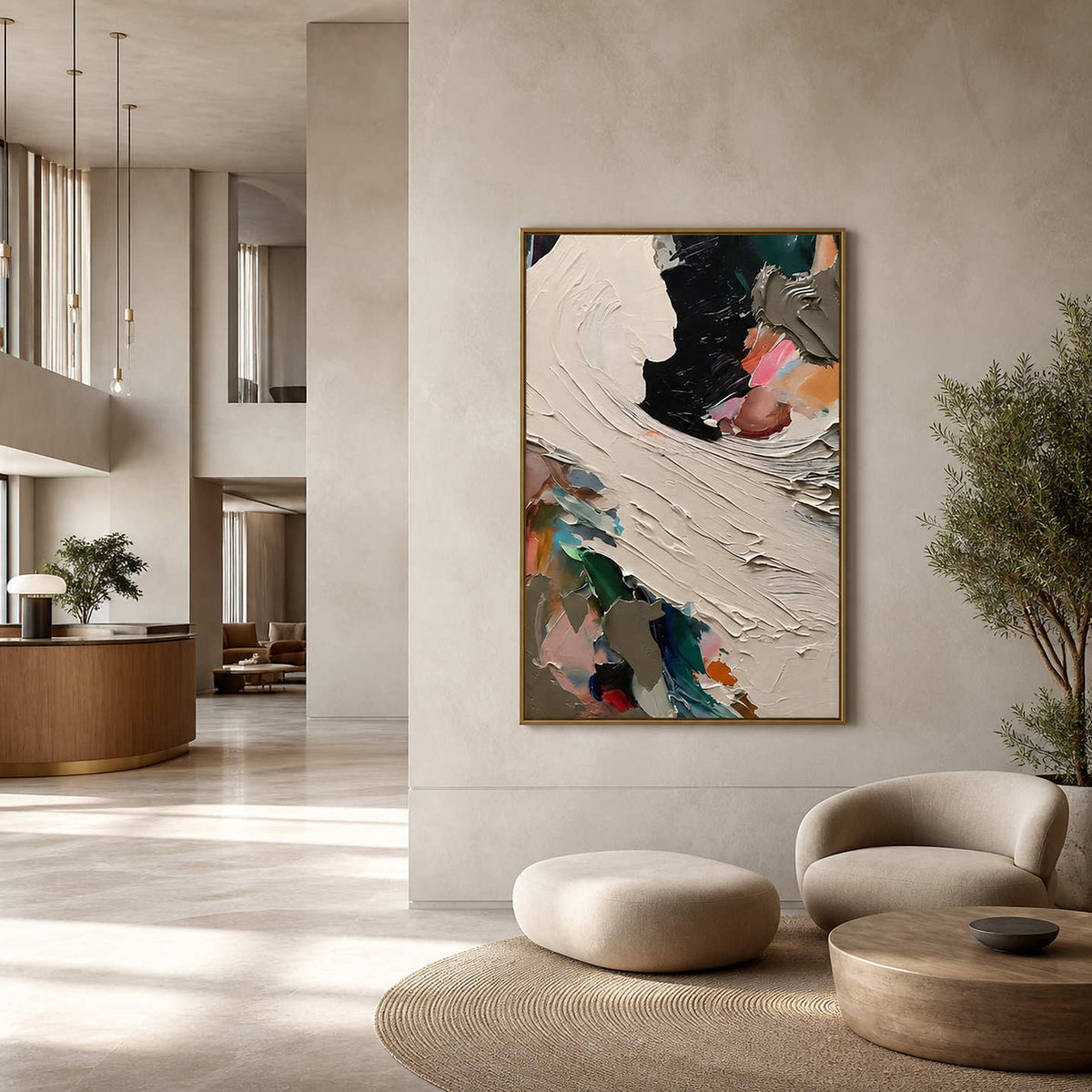Vertical abstract painting displayed in a spacious modern hotel lobby.