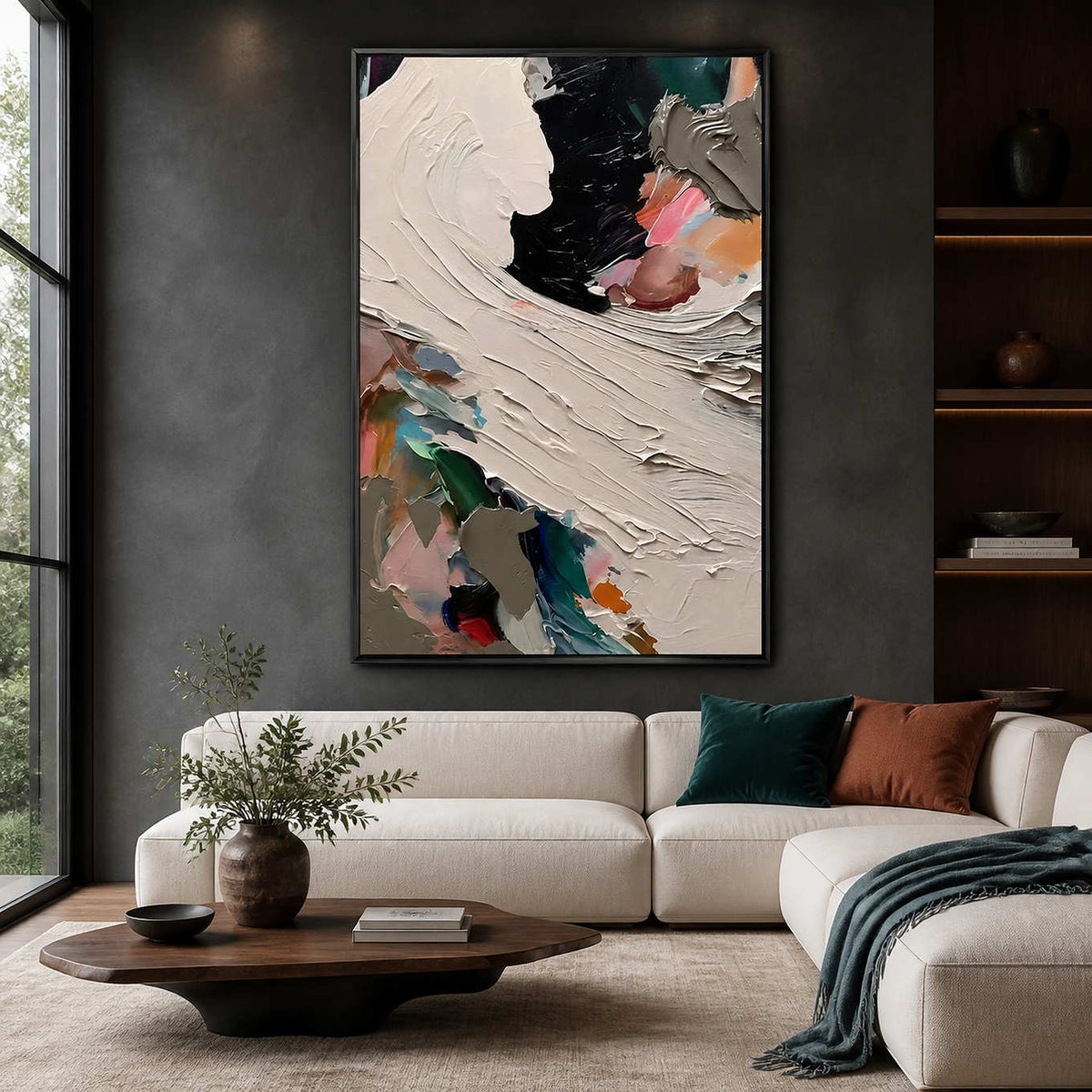 Expressive textured abstract wall art displayed in a dramatic modern living room.