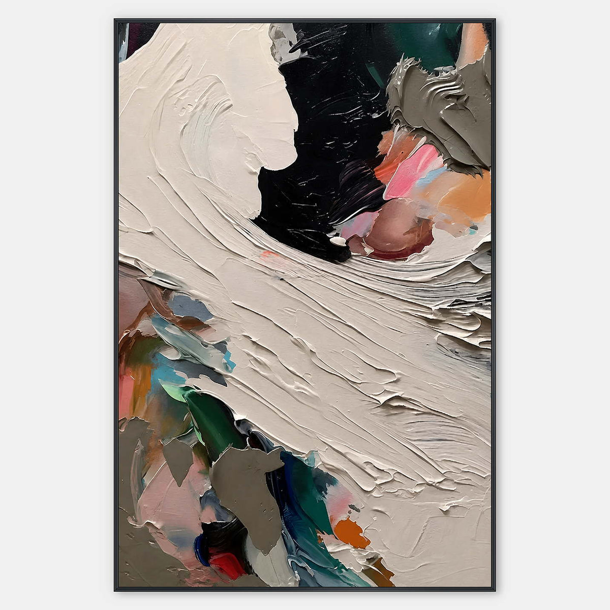 Hand-painted abstract canvas with sweeping ivory texture and saturated color accents.