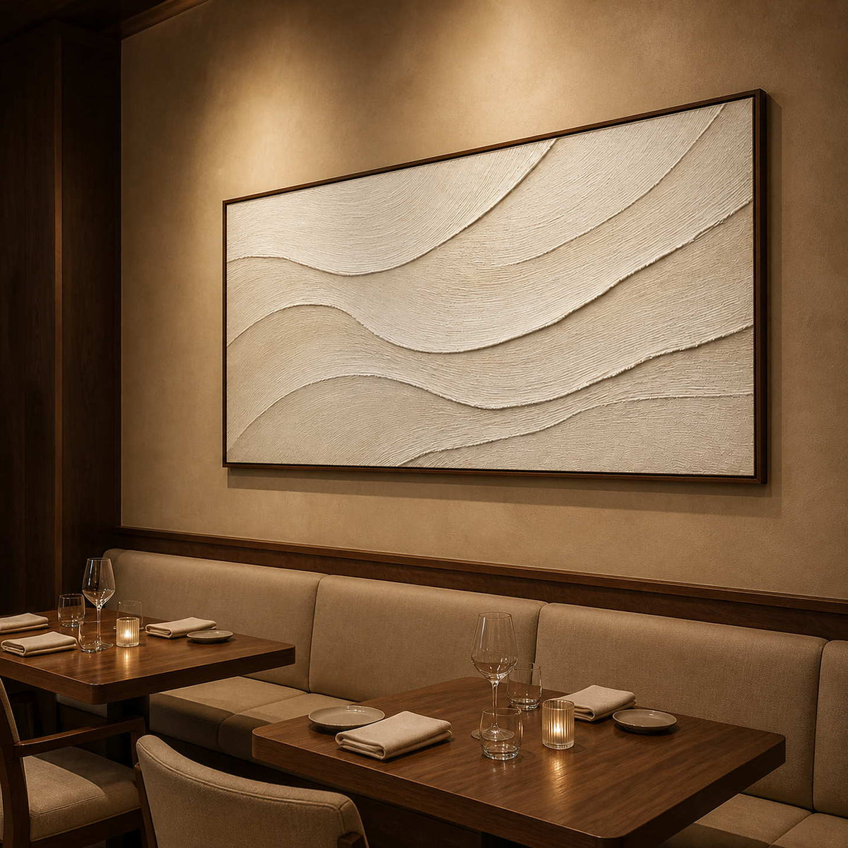 Panoramic neutral textured artwork displayed in an elegant dining room.