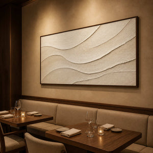 Panoramic neutral textured artwork displayed in an elegant dining room.