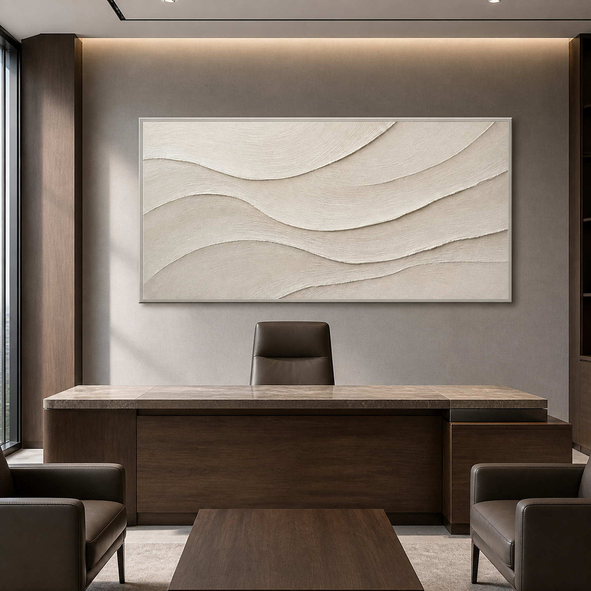 Minimalist ivory wall relief displayed in a calm executive office.