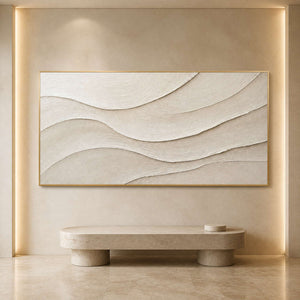 Neutral sculptural wall art displayed in a refined hotel lobby.
