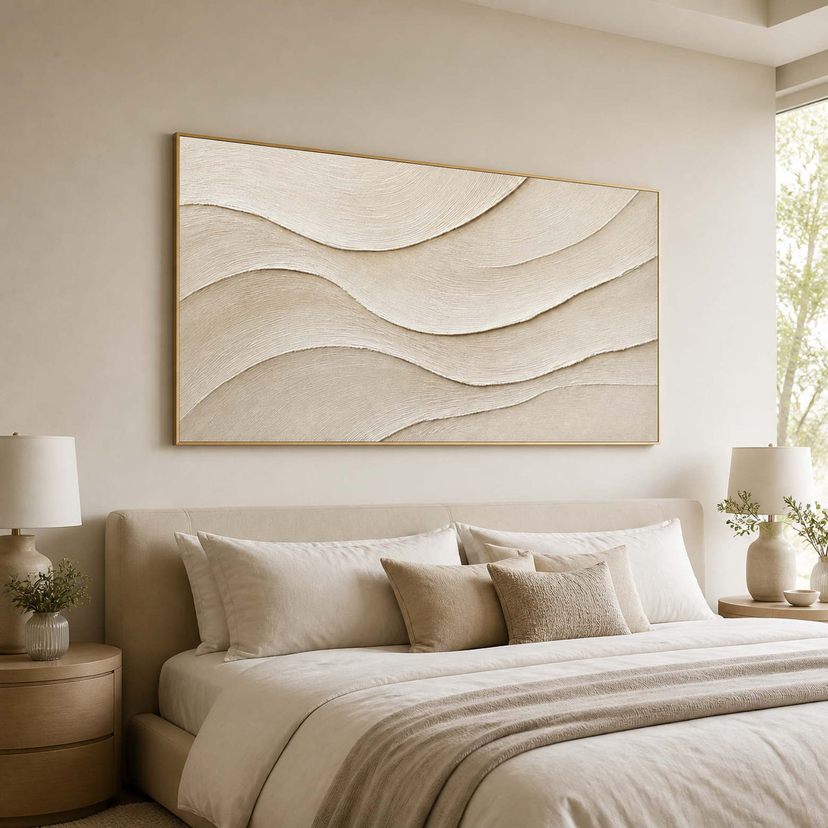 Soft beige and white textured artwork displayed in a restful luxury bedroom.