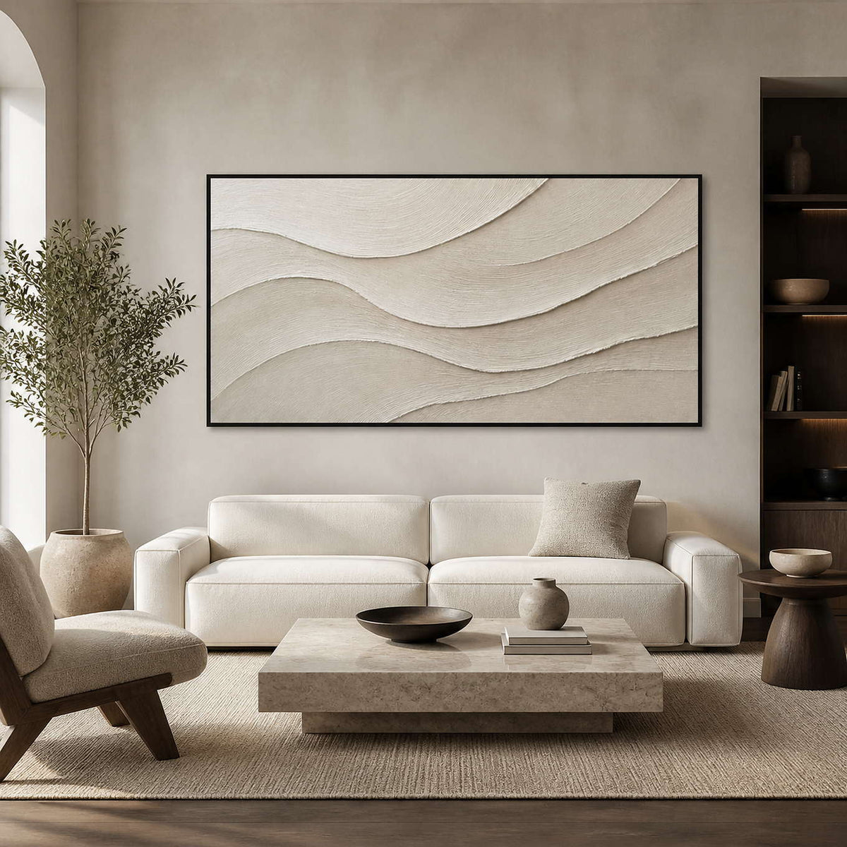 Ivory textured panoramic wall art displayed in a serene modern living room.