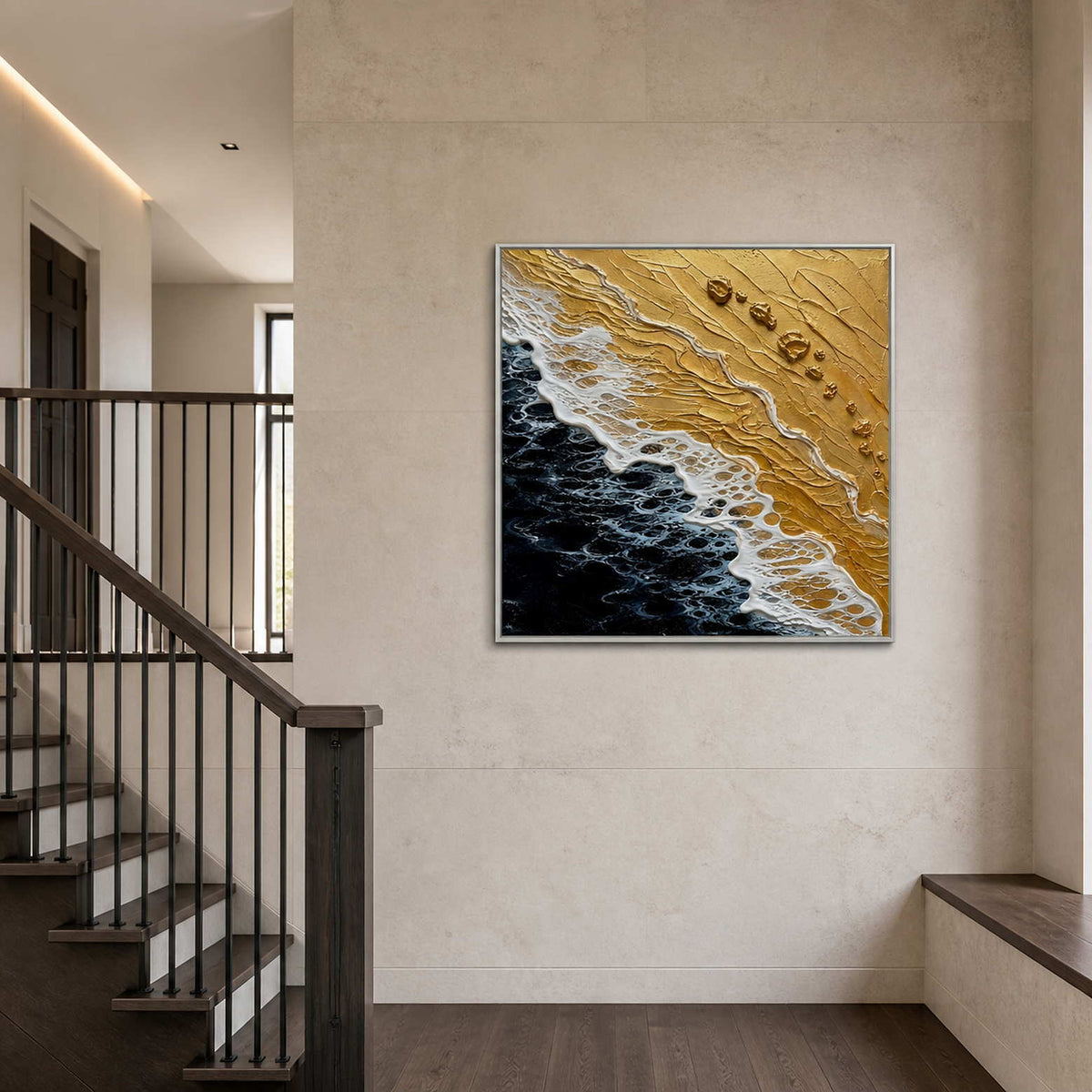 Gold and midnight coastal artwork viewed from a duplex stair landing.