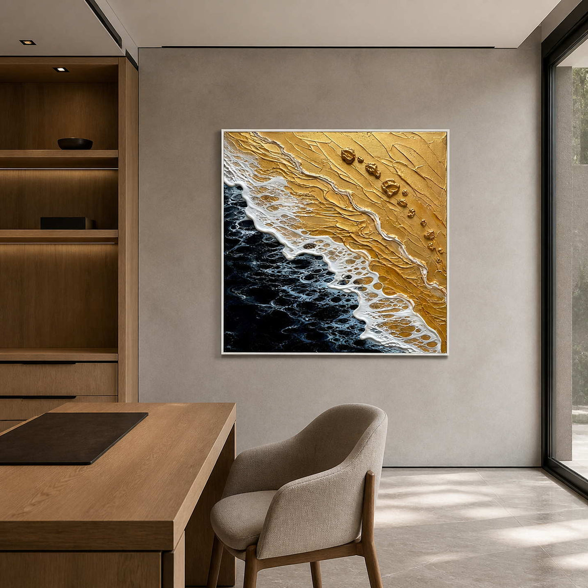 Modern coastal wall art displayed in a light oak home office.