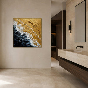 Textured shoreline painting displayed in a pale stone bathroom area.