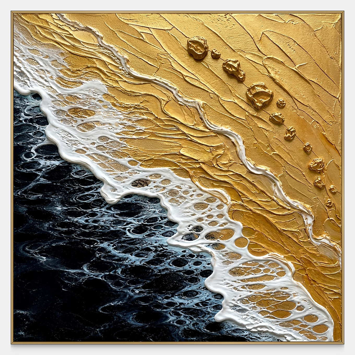 Raised white surf meeting midnight-dark water and a radiant gold shoreline.