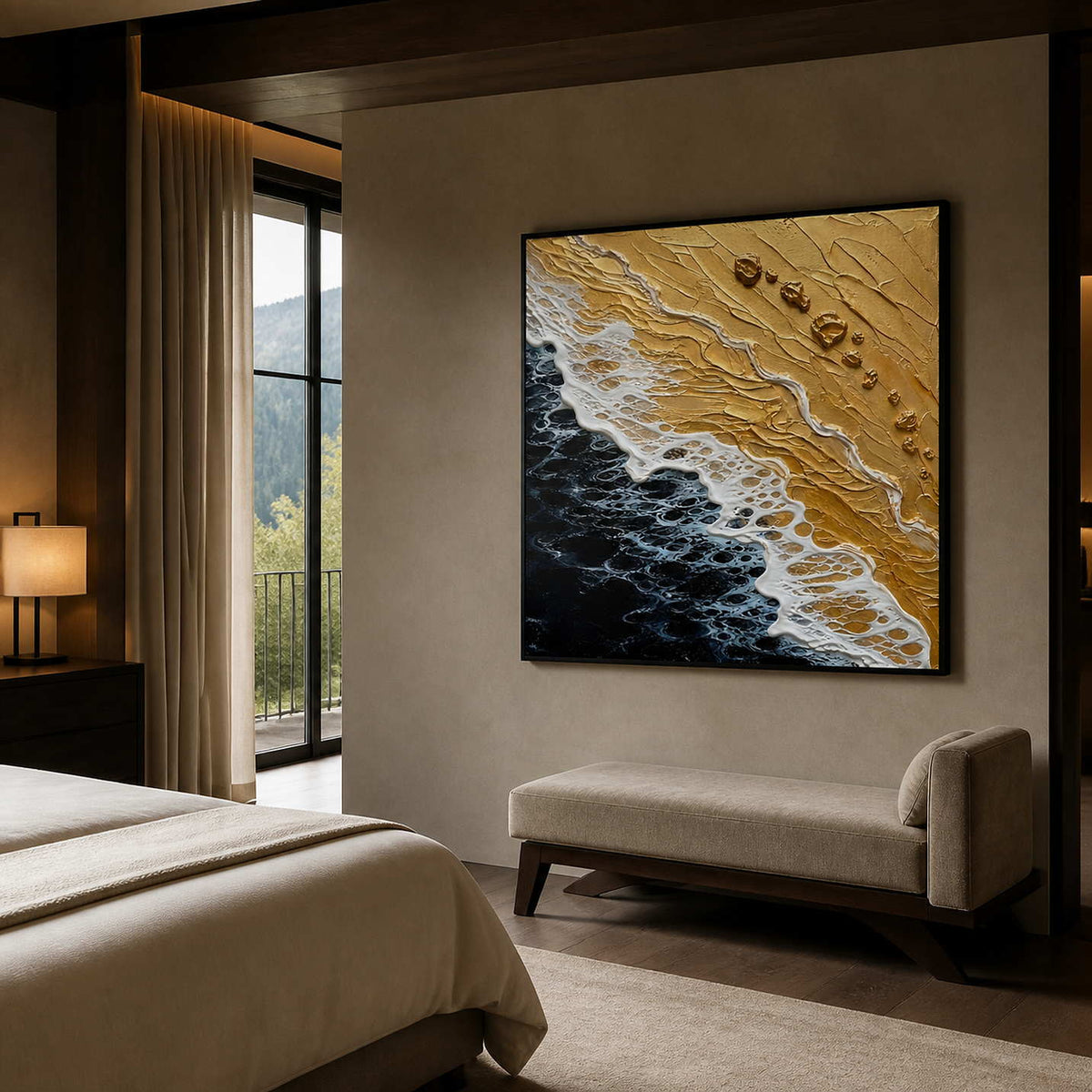 Black and gold ocean painting displayed in a warm gray bedroom lounge.