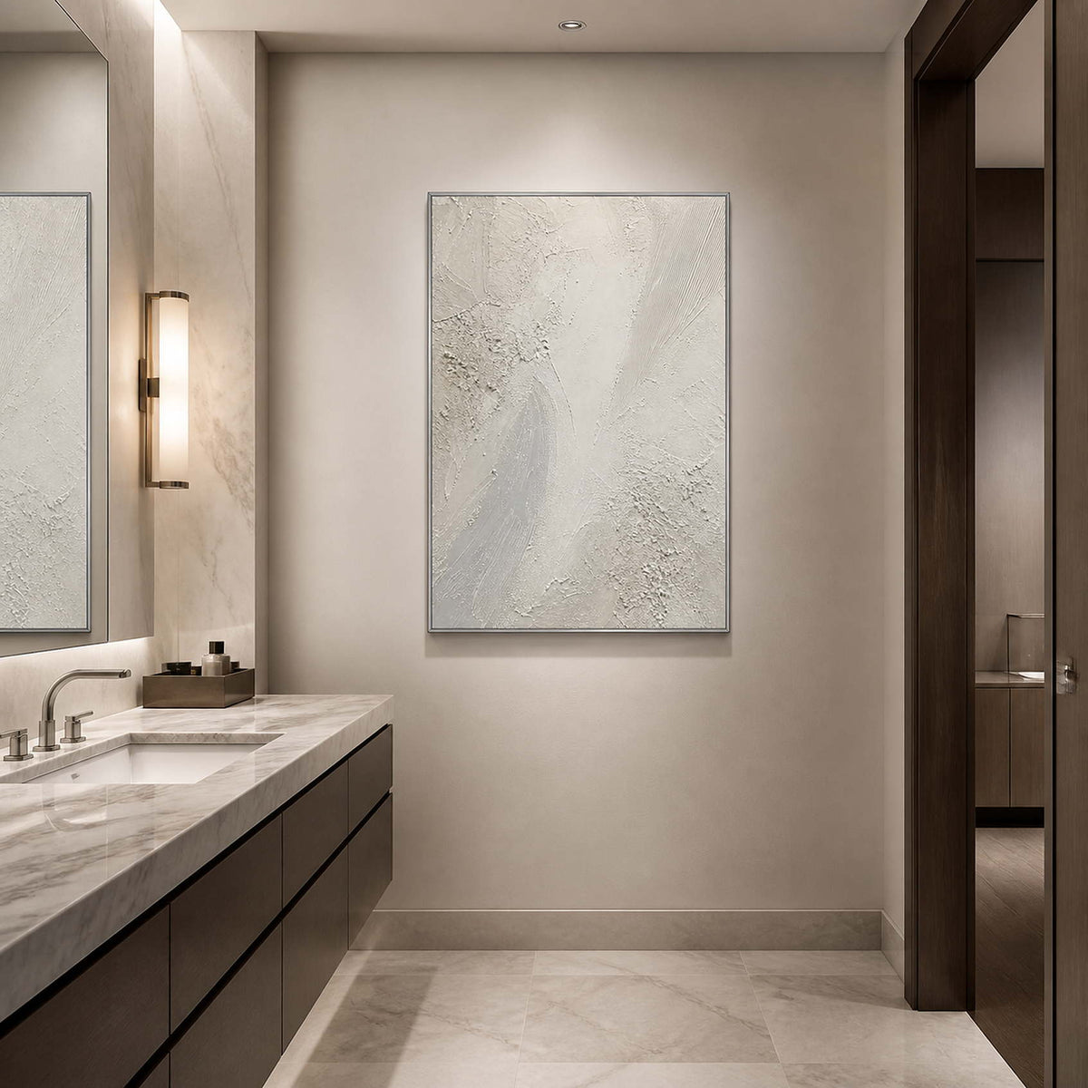 White mineral abstract wall art displayed in a serene luxury bathroom.