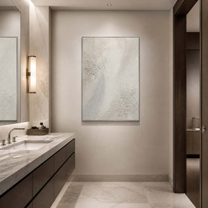 White mineral abstract wall art displayed in a serene luxury bathroom.